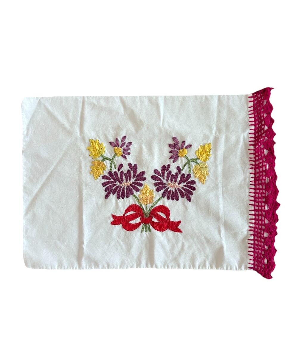 Vintage Handmade Ribbon Embroidered Pillowcase Crochet Edge Floral Standard